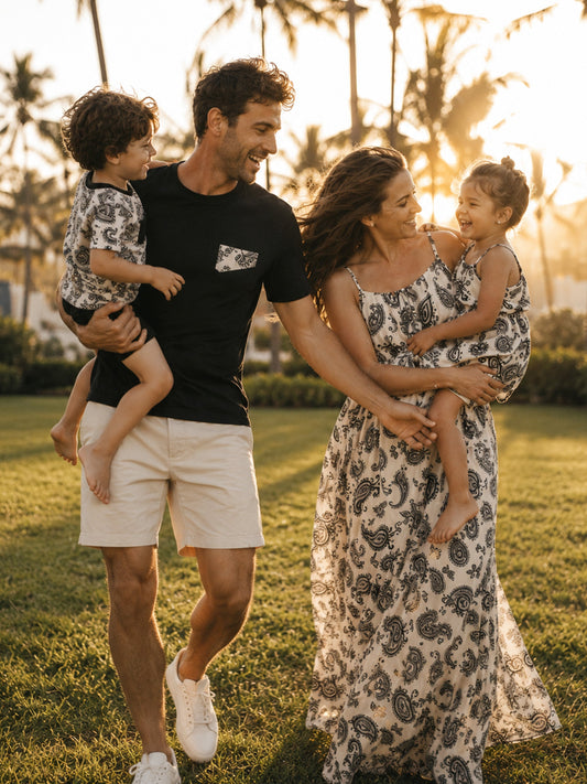 Family Matching Paisley Print Outfits Sleeveless Spaghetti Strap Dress & Cotton T-Shirt for Mom, Dad, & Kids Perfect for Family Outings & Photos
Black
