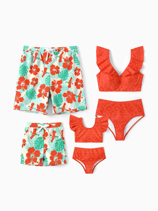 Mommy & Me Tropical Floral Print Ruffle Trim Bikini with Optional Beach Cover-Up Dress Orange