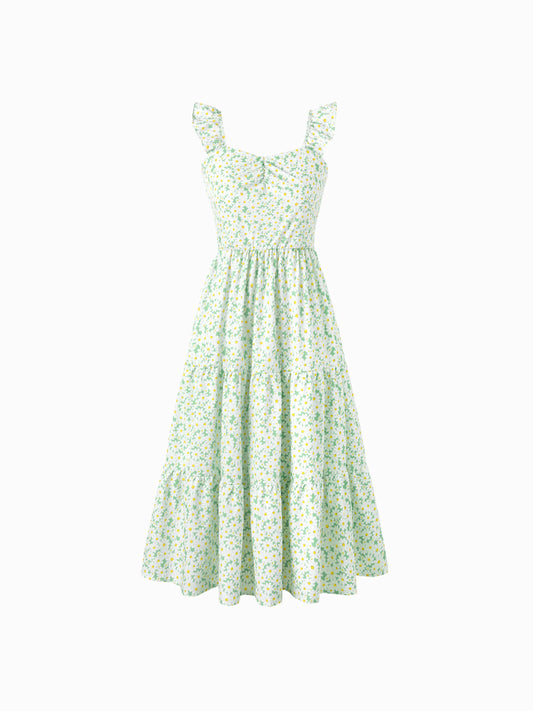 Mommy and Me Floral Dress with Flutter Sleeves Light Green Daisy Print Pale Green