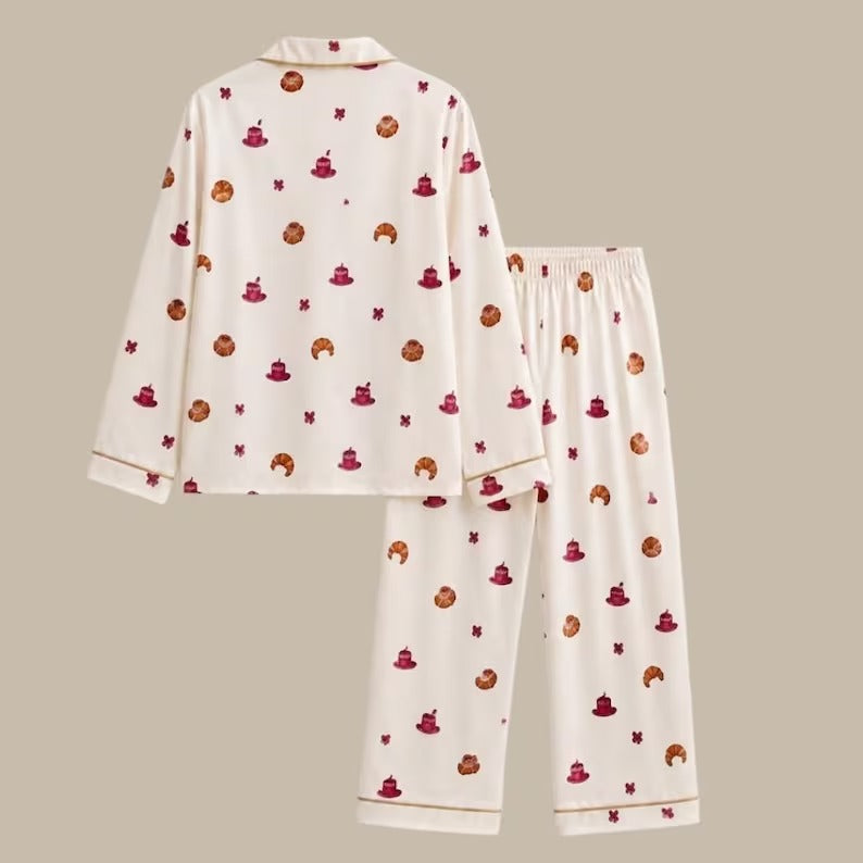 Mommy And Me Cream Croissant Print Satin Matching Pajama Set