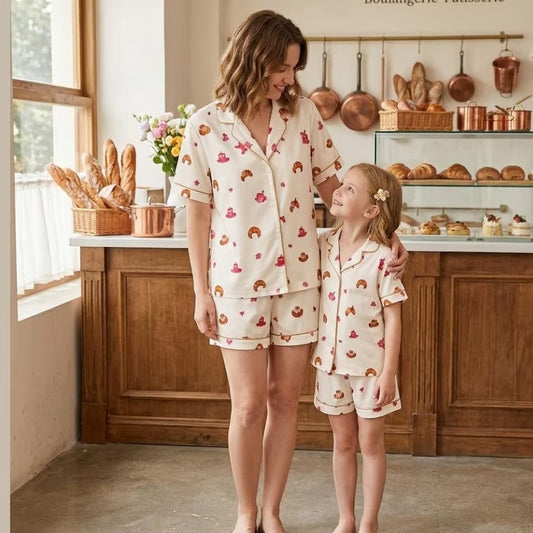 Mommy And Me Cream Croissant Print Satin Matching Pajama Set