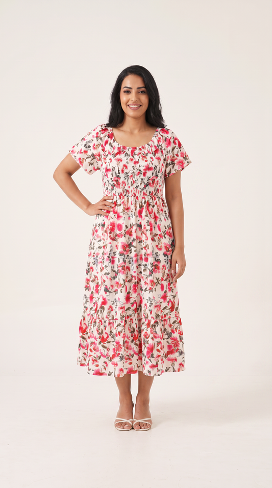 Mom and Daughter Pink Floral Short Sleeve Midi Dress Set