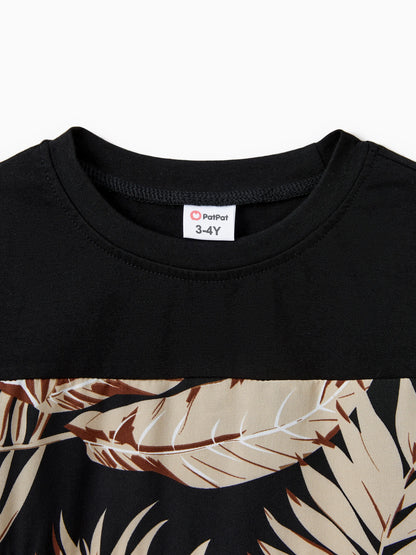 Family Matching Floral Print Belted Cami Dresses And Solid Short Sleeve Tops Sets Black