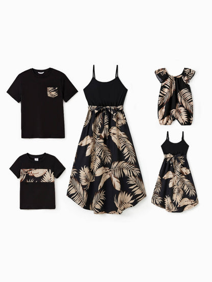 Family Matching Floral Print Belted Cami Dresses And Solid Short Sleeve Tops Sets Black