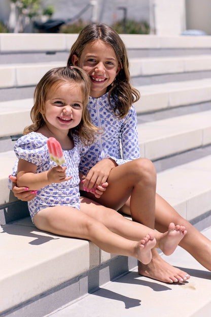 Little Delilah  Capped Sleeves One-Piece Swimsuit in Santorini Dots