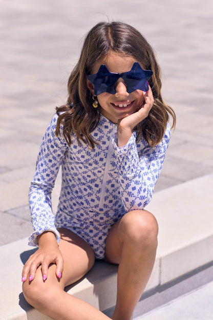 Little Gayle Long Sleeve Zipper One-piece Swimsuit in Santorini Dots