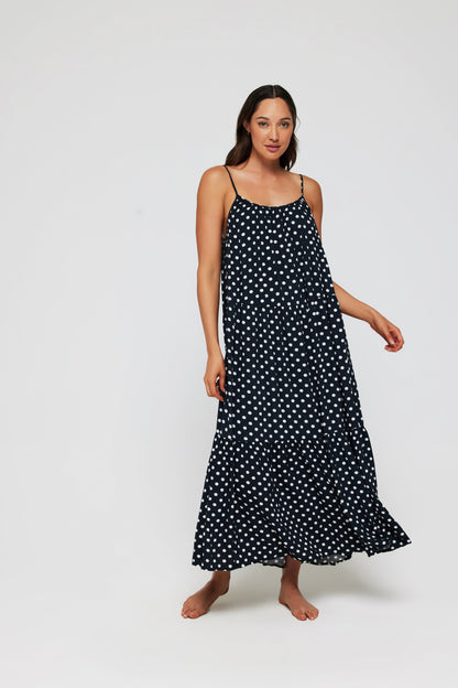 Johanna Maxi Low Scoop Back Dress Cover Up in Polka Dots - FINAL SALE