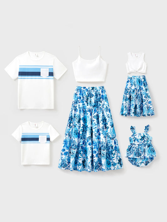 Family Matching Outfits White Camisole Top and Blue Floral Print Skirt Co-ord Set or Colorblock Short-sleeve T-shirt Blue