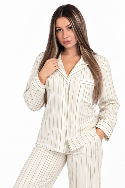 Morea Women’s Green Stripe Long Sleeve Pajama Set