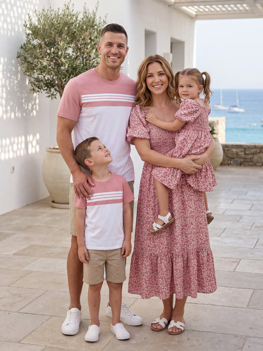 Family Matching Blue Cotton Colorblock Tee Shirt or Floral Print Smocking Puff-sleeve Dress Set Pink