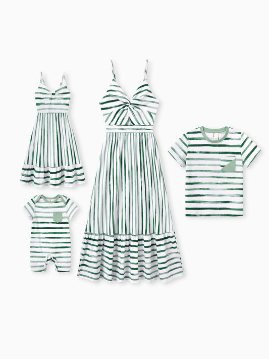 Mommy & me Cotton Outfits Set Green Striped T-Shirt and Dress Set for Dad, Mom, Kids & Baby, Perfect for Summer Family Outings & Photos Green
