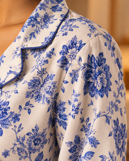 Morea Women’s Blue Floral Long Sleeve Pajama Shorts Set