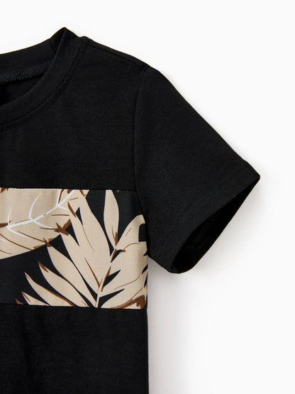 Family Matching Floral Print Belted Cami Dresses And Solid Short Sleeve Tops Sets Black