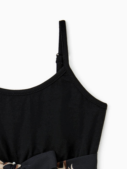 Family Matching Floral Print Belted Cami Dresses And Solid Short Sleeve Tops Sets Black