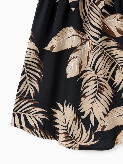 Family Matching Floral Print Belted Cami Dresses And Solid Short Sleeve Tops Sets Black
