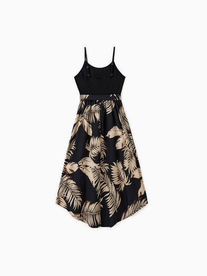 Family Matching Floral Print Belted Cami Dresses And Solid Short Sleeve Tops Sets Black