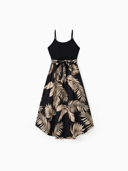 Family Matching Floral Print Belted Cami Dresses And Solid Short Sleeve Tops Sets Black
