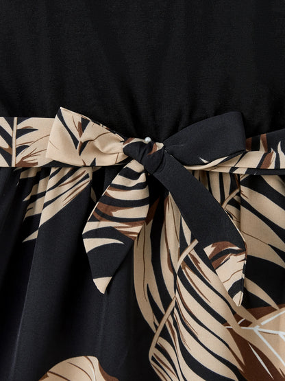 Family Matching Floral Print Belted Cami Dresses And Solid Short Sleeve Tops Sets Black