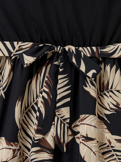 Family Matching Floral Print Belted Cami Dresses And Solid Short Sleeve Tops Sets Black