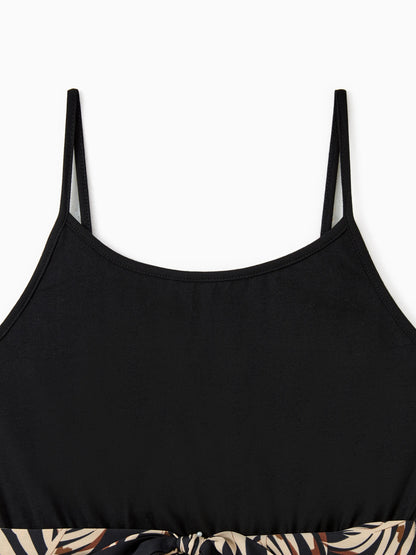 Family Matching Floral Print Belted Cami Dresses And Solid Short Sleeve Tops Sets Black