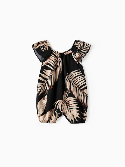Family Matching Floral Print Belted Cami Dresses And Solid Short Sleeve Tops Sets Black