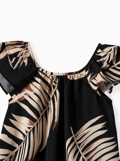 Family Matching Floral Print Belted Cami Dresses And Solid Short Sleeve Tops Sets Black