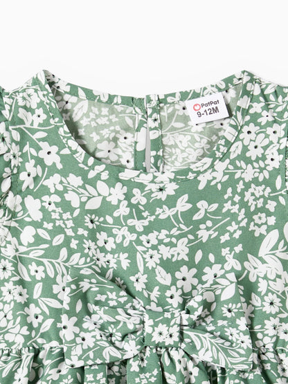 Elegant Broken Flower Matching Outfits for Family, Smocking Design, Medium Thickness Green