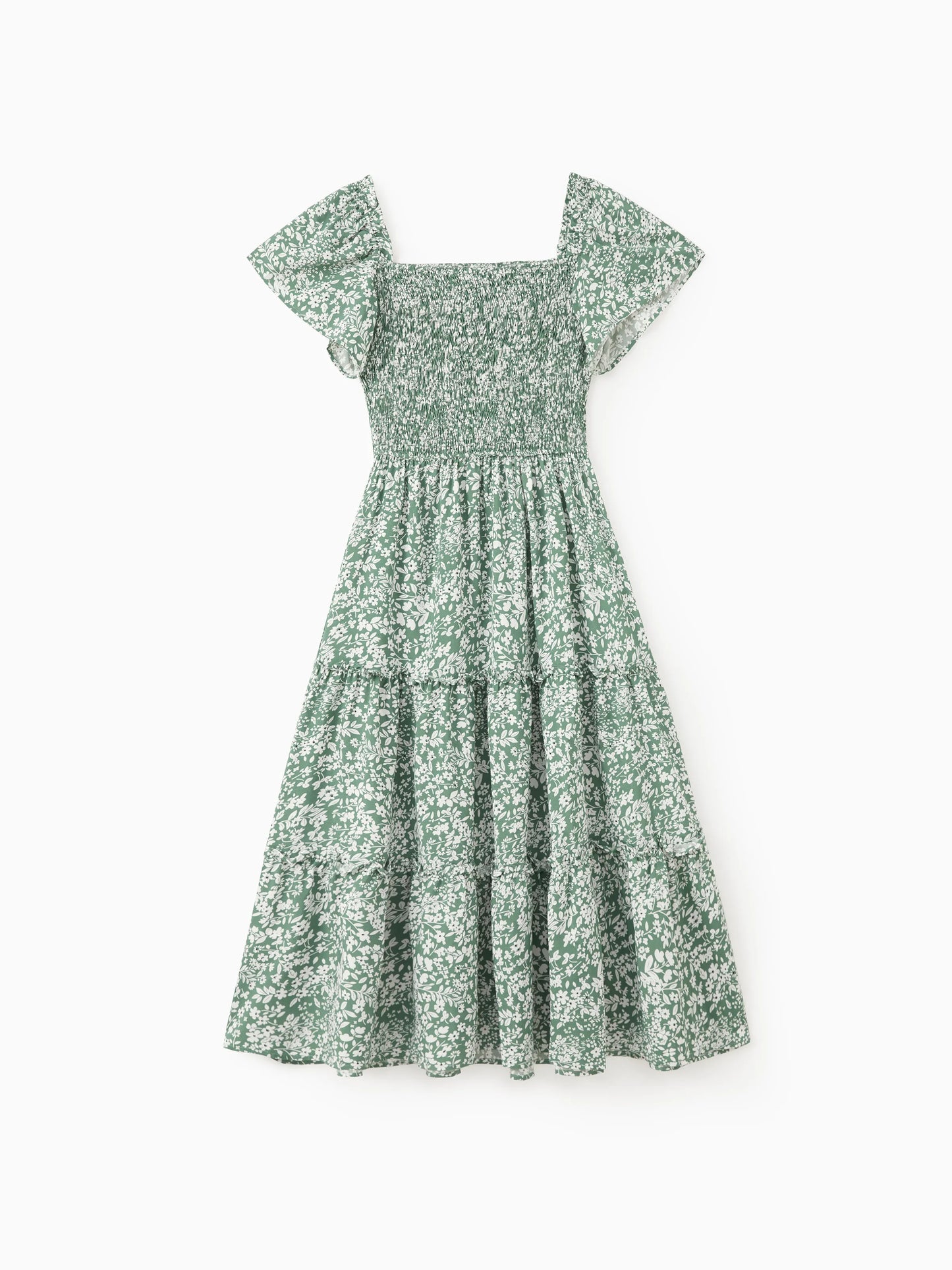 Elegant Broken Flower Matching Outfits for Family, Smocking Design, Medium Thickness Green