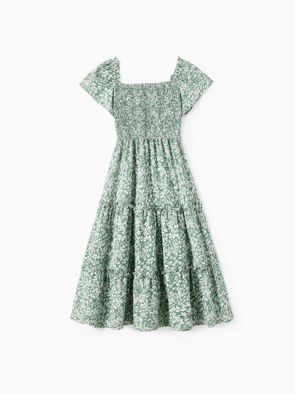 Elegant Broken Flower Matching Outfits for Family, Smocking Design, Medium Thickness Green