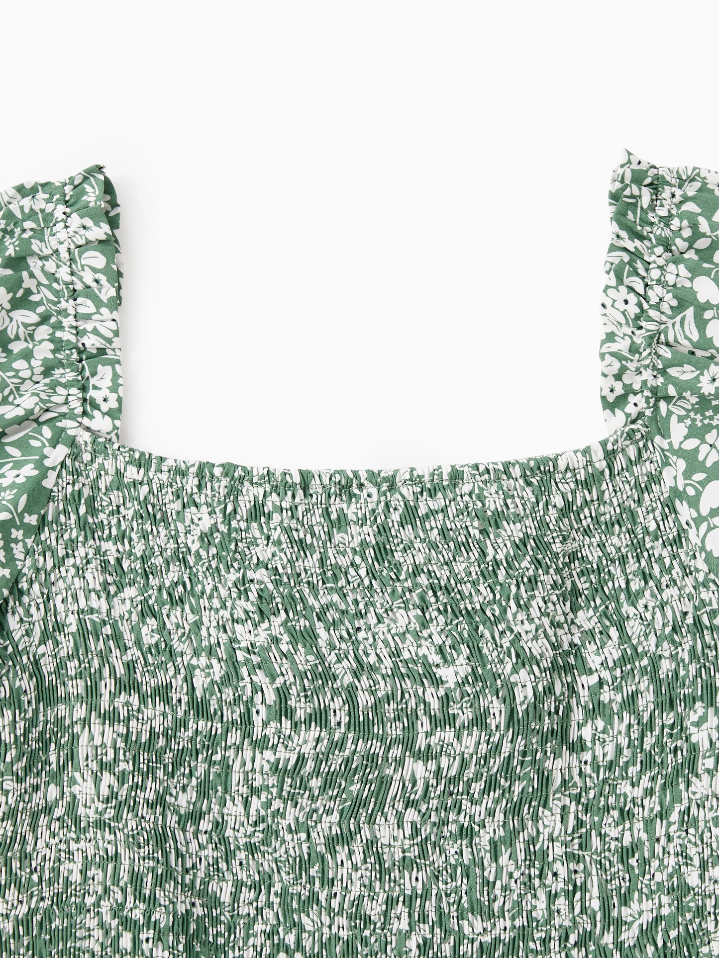 Elegant Broken Flower Matching Outfits for Family, Smocking Design, Medium Thickness Green