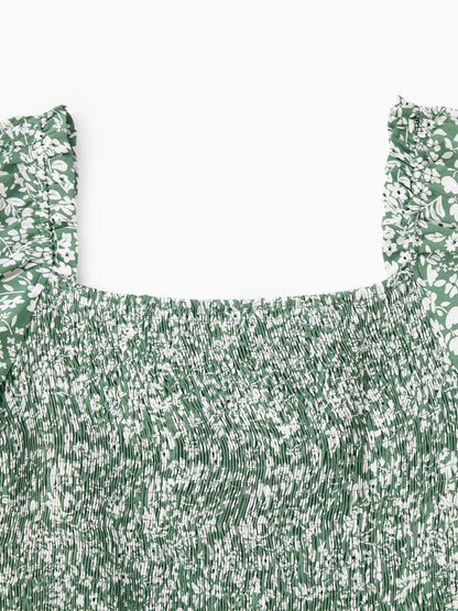 Elegant Broken Flower Matching Outfits for Family, Smocking Design, Medium Thickness Green