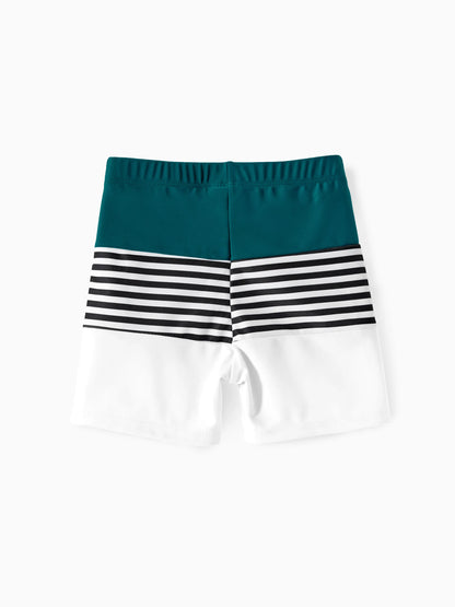 Family Matching Colorblock One Shoulder Cut Out One-piece Swimsuit and Striped Spliced Swim Trunks Shorts DeepTurquoise