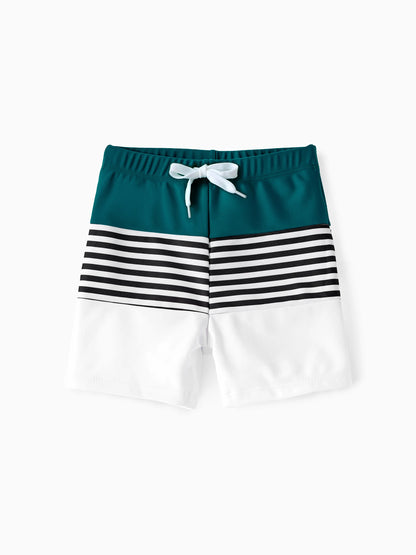 Family Matching Colorblock One Shoulder Cut Out One-piece Swimsuit and Striped Spliced Swim Trunks Shorts DeepTurquoise