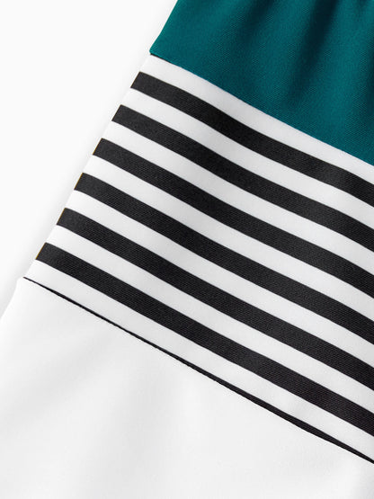 Family Matching Colorblock One Shoulder Cut Out One-piece Swimsuit and Striped Spliced Swim Trunks Shorts DeepTurquoise