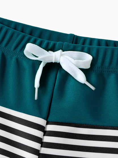 Family Matching Colorblock One Shoulder Cut Out One-piece Swimsuit and Striped Spliced Swim Trunks Shorts DeepTurquoise