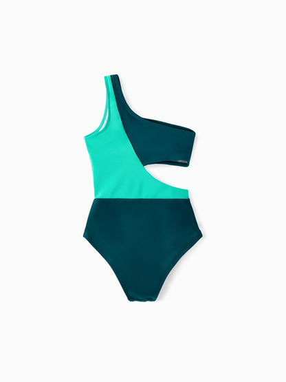 Family Matching Colorblock One Shoulder Cut Out One-piece Swimsuit and Striped Spliced Swim Trunks Shorts DeepTurquoise