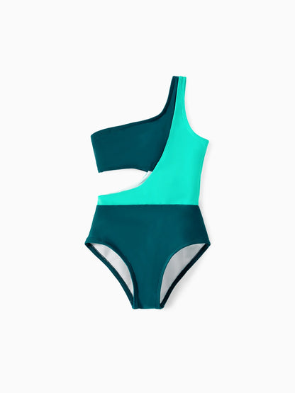 Family Matching Colorblock One Shoulder Cut Out One-piece Swimsuit and Striped Spliced Swim Trunks Shorts DeepTurquoise