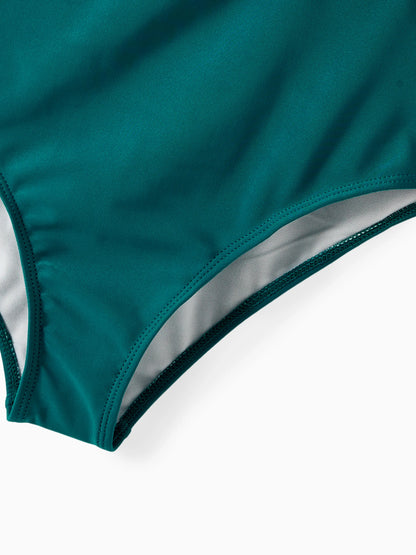 Family Matching Colorblock One Shoulder Cut Out One-piece Swimsuit and Striped Spliced Swim Trunks Shorts DeepTurquoise