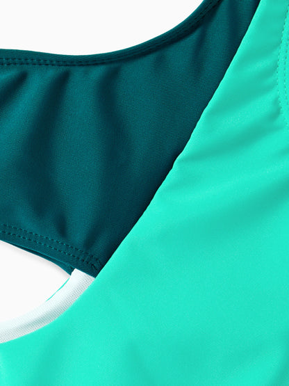 Family Matching Colorblock One Shoulder Cut Out One-piece Swimsuit and Striped Spliced Swim Trunks Shorts DeepTurquoise