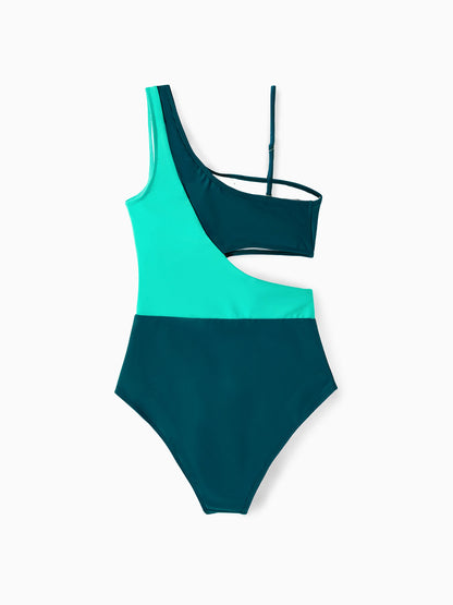 Family Matching Colorblock One Shoulder Cut Out One-piece Swimsuit and Striped Spliced Swim Trunks Shorts DeepTurquoise