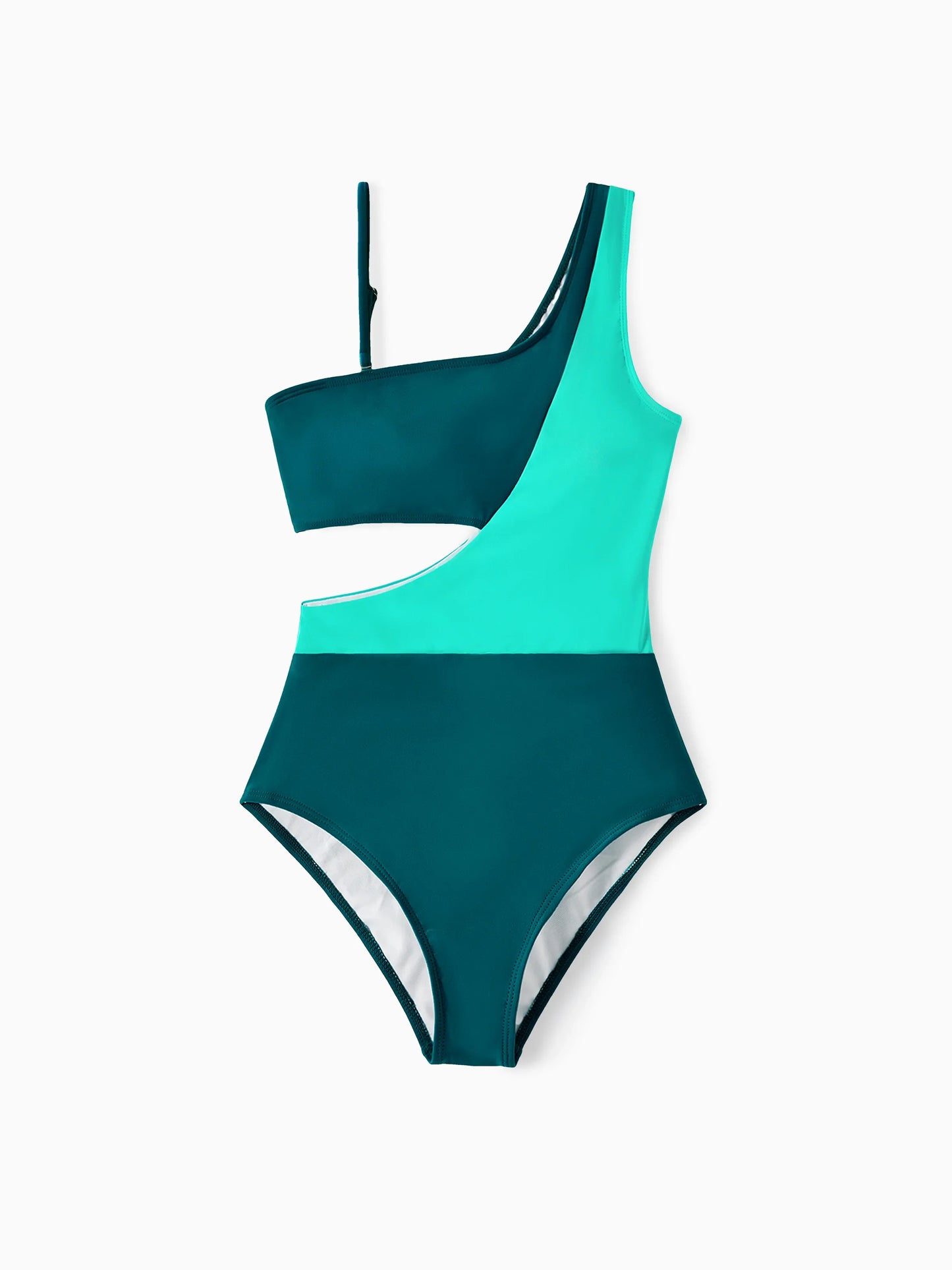 Family Matching Colorblock One Shoulder Cut Out One-piece Swimsuit and Striped Spliced Swim Trunks Shorts DeepTurquoise