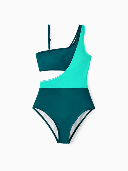 Family Matching Colorblock One Shoulder Cut Out One-piece Swimsuit and Striped Spliced Swim Trunks Shorts DeepTurquoise