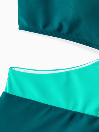 Family Matching Colorblock One Shoulder Cut Out One-piece Swimsuit and Striped Spliced Swim Trunks Shorts DeepTurquoise