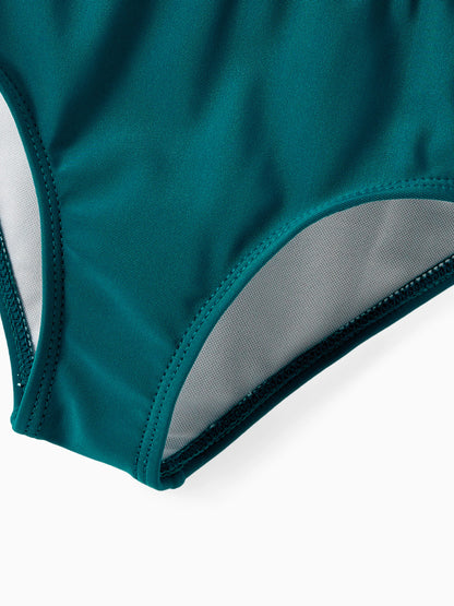 Family Matching Colorblock One Shoulder Cut Out One-piece Swimsuit and Striped Spliced Swim Trunks Shorts DeepTurquoise
