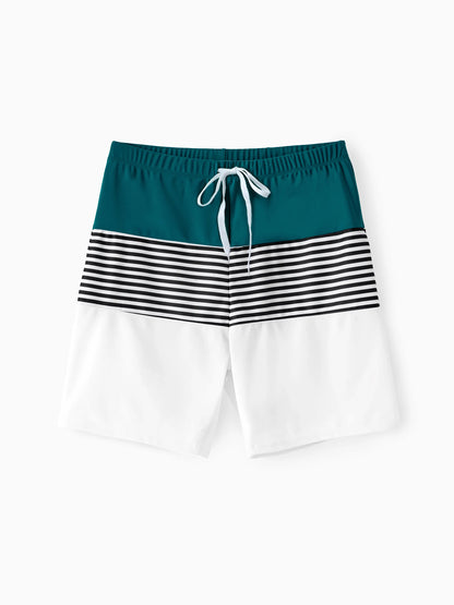 Family Matching Colorblock One Shoulder Cut Out One-piece Swimsuit and Striped Spliced Swim Trunks Shorts DeepTurquoise