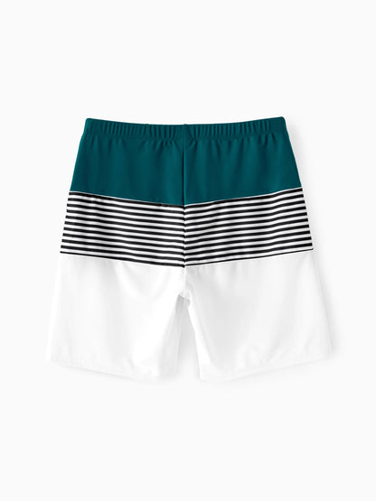 Family Matching Colorblock One Shoulder Cut Out One-piece Swimsuit and Striped Spliced Swim Trunks Shorts DeepTurquoise