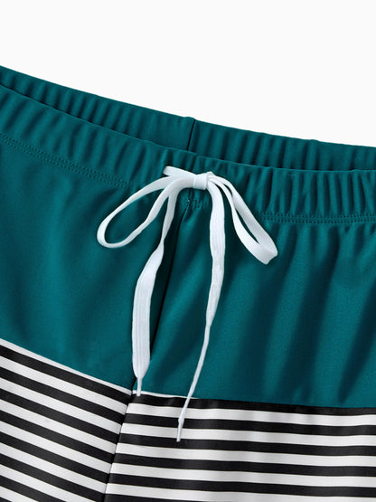Family Matching Colorblock One Shoulder Cut Out One-piece Swimsuit and Striped Spliced Swim Trunks Shorts DeepTurquoise