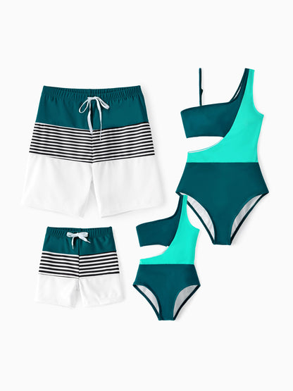 Family Matching Colorblock One Shoulder Cut Out One-piece Swimsuit and Striped Spliced Swim Trunks Shorts DeepTurquoise