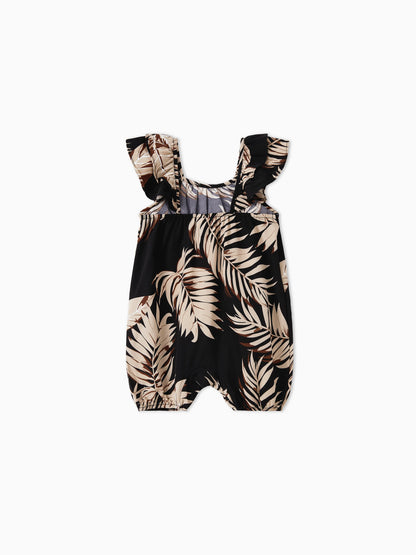 Family Matching Floral Print Belted Cami Dresses And Solid Short Sleeve Tops Sets Black