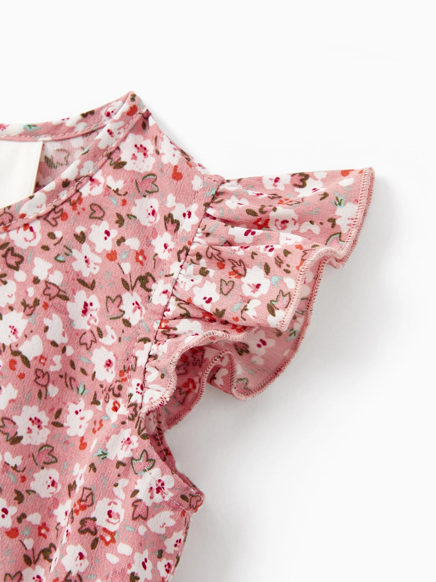 Family Matching Blue Cotton Colorblock Tee Shirt or Floral Print Smocking Puff-sleeve Dress Set  Pink